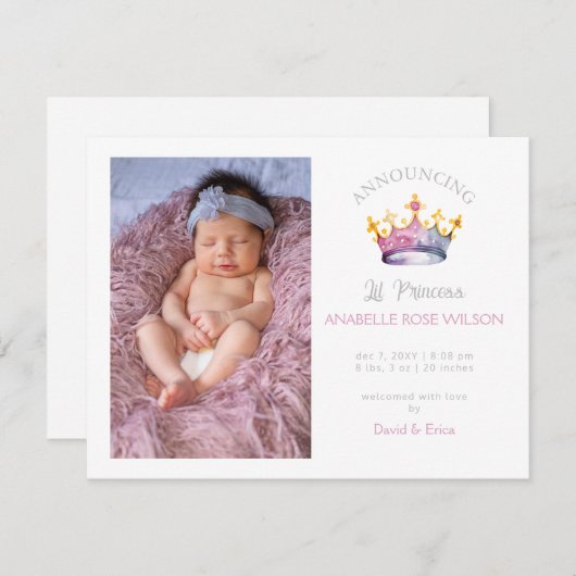 プリンセスクラウンガールピンク写真誕生発表 案内状 (正面/裏面)