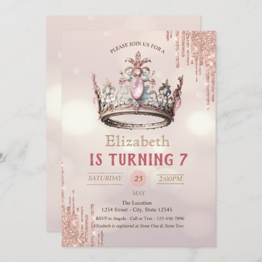 プリンセスクラウングリッタードリップス《写真》ぼけ味誕生日 招待状 (正面/裏面)