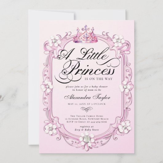 プリンセスクラウンダイアモンズパールベビーガールシャワー 招待状 (正面)