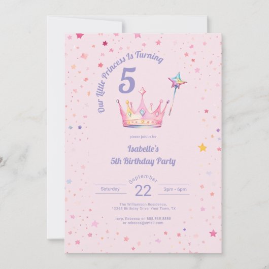 プリンセスクラウンパステルピンク小さな女の子誕生日 招待状 (正面)