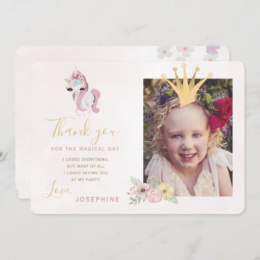 プリンセスクラウンピンクと金ゴールドの女の子の感謝してい写真you 招待状 (正面/裏面)