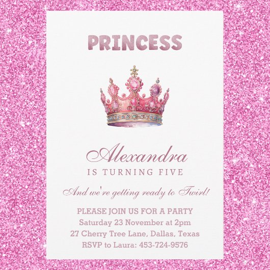 プリンセスクラウンピンクグリッターフェアヤテール誕生日 招待状