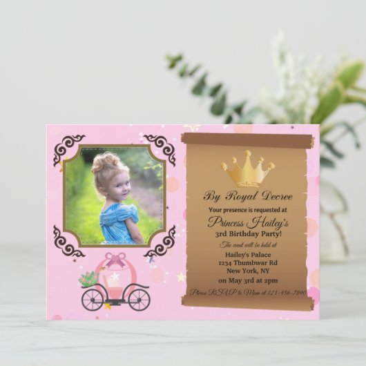 プリンセスクラウンピンクフォト誕生日招待状 招待状 (スタンド正面)