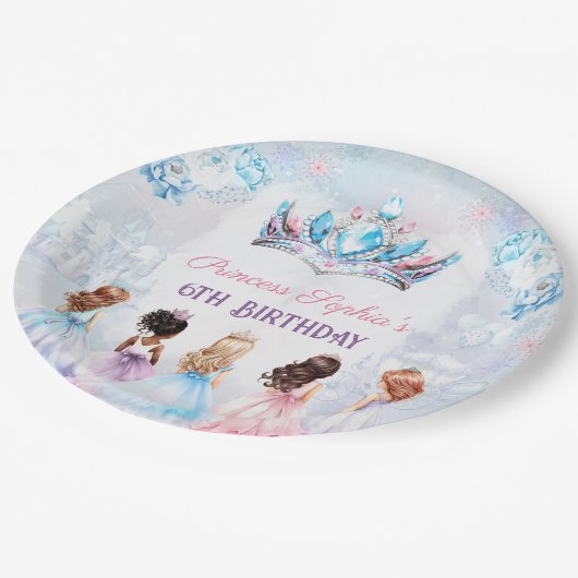 プリンセスクラウンピンクブルーウィンターガール誕生日 ペーパープレート (アングル)