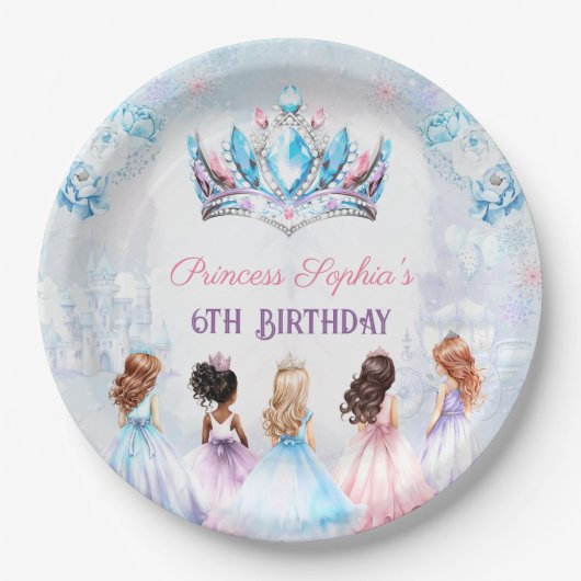 プリンセスクラウンピンクブルーウィンターガール誕生日 ペーパープレート (正面)