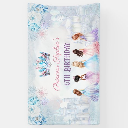 プリンセスクラウンピンクブルーウィンターガール誕生日 横断幕 (縦)