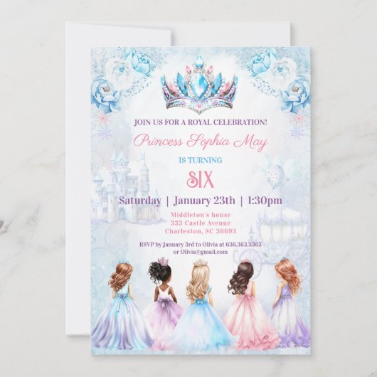 プリンセスクラウンピンクブルーパープルウィンター誕生日 招待状 (正面)