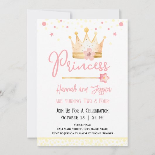 プリンセスクラウンピンク小さな女の子ダブル誕生日 招待状 (正面)