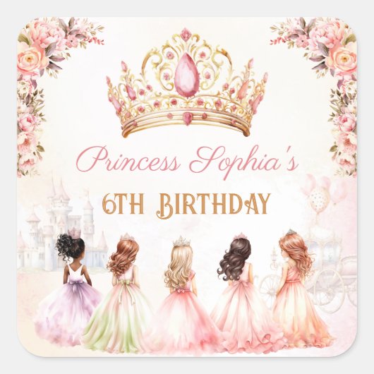 プリンセスクラウンピンク金ゴールドフローラガール誕生日 スクエアシール (正面)