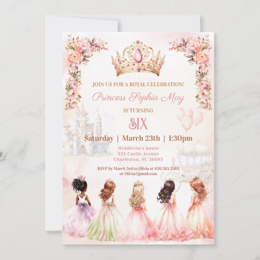 プリンセスクラウンピンク金ゴールドフローラガール誕生日 招待状 (正面)