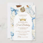 プリンセスクラウンブルーと金ゴールド誕生日ファーストパーティー 招待状 (正面)