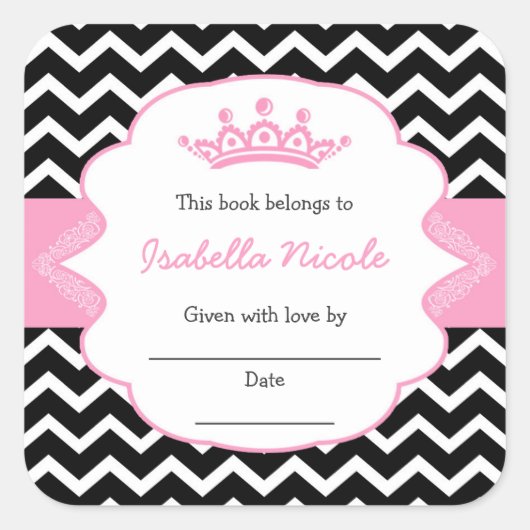 プリンセスクラウン蔵書票/女の子ベビーシャワー スクエアシール (正面)