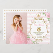 プリンセスクラウン誕生日ピンク金ゴールドフローラパーティー 招待状 (正面/裏面)