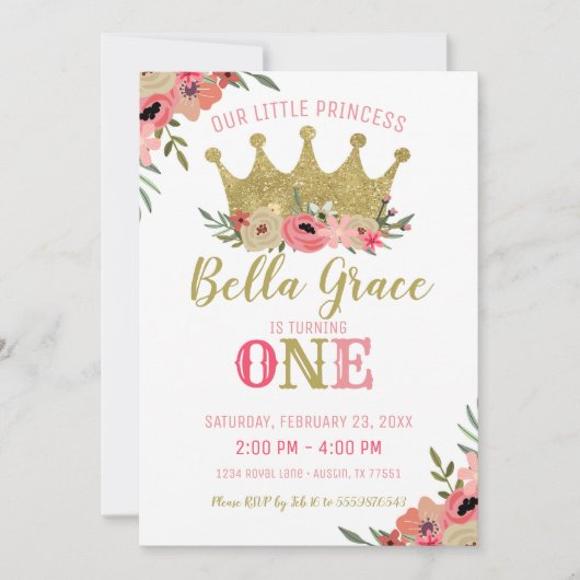 プリンセスクラウン誕生日招待状ピンク金ゴールド 招待状 (正面)