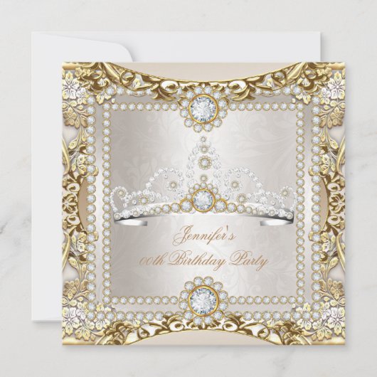プリンセスクリーム金ゴールドダイアモンドティアラ誕生日パーティー 招待状 (正面)