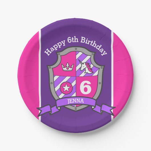 プリンセスクレスト6thバースデーピンクパーティープレート ペーパープレート (正面)