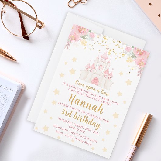 プリンセスグリッター金ゴールド城の誕生日の招待 招待状