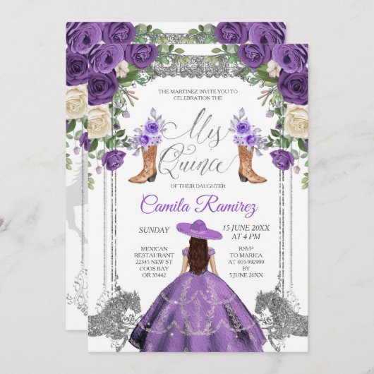 プリンセスシルバーパープルスペインのガールスウィート15th 招待状 (正面/裏面)