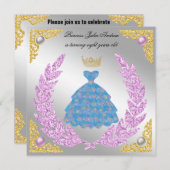 プリンセスシルバー&金ゴールドホワイトパールズクラウン誕生日 招待状 (正面/裏面)