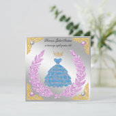 プリンセスシルバー&金ゴールドホワイトパールズクラウン誕生日 招待状 (スタンド正面)