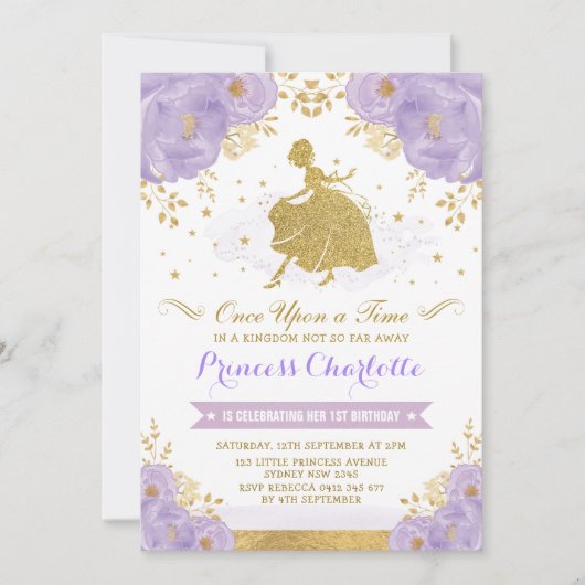 プリンセスシンデレラパープル金ゴールドフローラ誕生日 招待状 (正面)