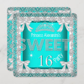 プリンセススイート16グリッターティール(緑がかった色)ブルー誕生日2 招待状 (正面/裏面)