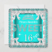 プリンセススイート16グリッターティール（緑がかった色）ブルー誕生日2 招待状 (正面)