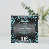 プリンセススイート16ブルー&ブラック誕生日招待状 招待状 (スタンド正面)