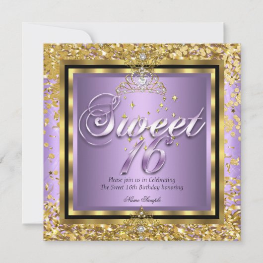 プリンセススイート16金ゴールド薄紫紫パーティー 招待状 (正面)