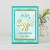 プリンセススウィート16ティール（緑がかった色）ブルー金ゴールド誕生日パーティー 招待状 (スタンド正面)