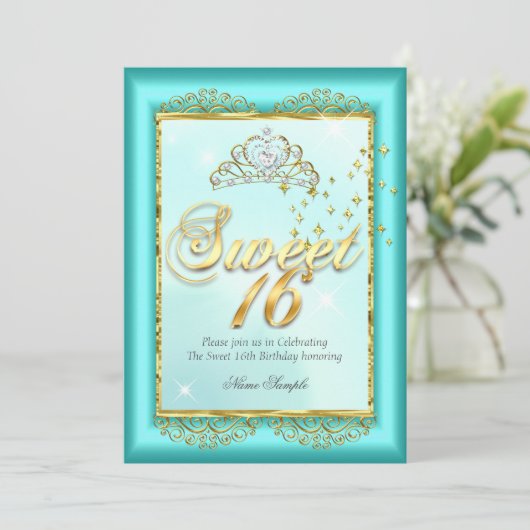 プリンセススウィート16ティール（緑がかった色）ブルー金ゴールド誕生日パーティー 招待状 (スタンド正面)