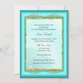 プリンセススウィート16ティール（緑がかった色）ブルー金ゴールド誕生日パーティー 招待状 (裏面)