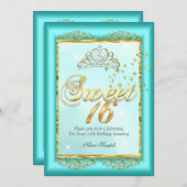 プリンセススウィート16ティール（緑がかった色）ブルー金ゴールド誕生日パーティー 招待状 (正面/裏面)