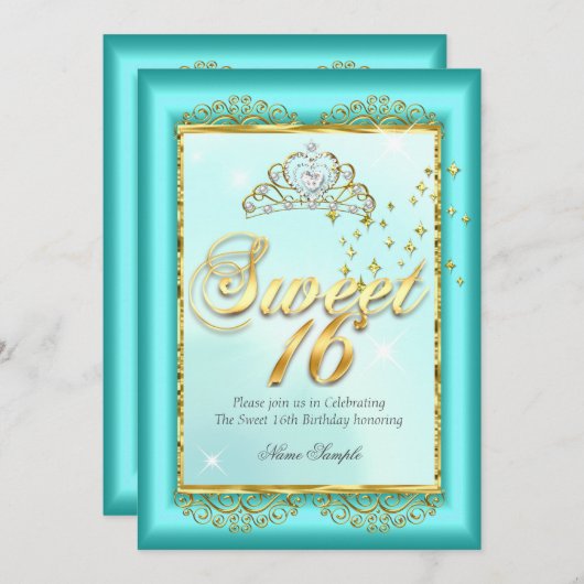 プリンセススウィート16ティール（緑がかった色）ブルー金ゴールド誕生日パーティー 招待状 (正面/裏面)