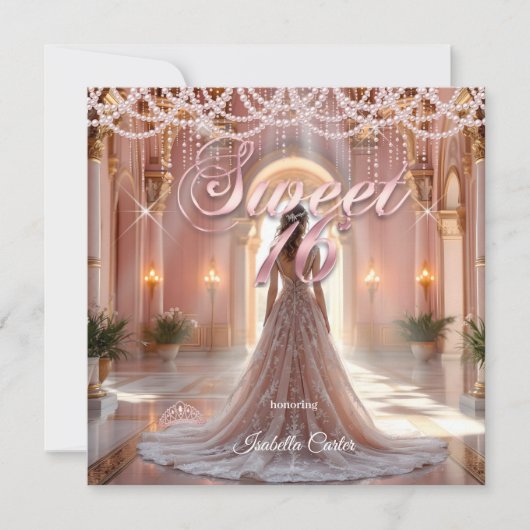 プリンセススウィート16バースデーパーティー赤面ピンク 招待状 (正面)