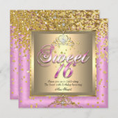 プリンセススウィート16金ゴールドピンクバースデーパーティー 招待状 (正面/裏面)