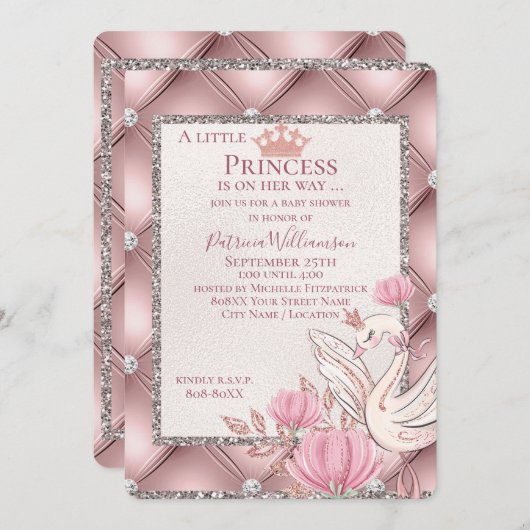 プリンセススワンオングラマスピンクウィズダイヤモンド 招待状 (正面/裏面)
