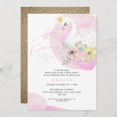 プリンセススワンガールピンク金ゴールドベビーシャワー 招待状 (正面/裏面)