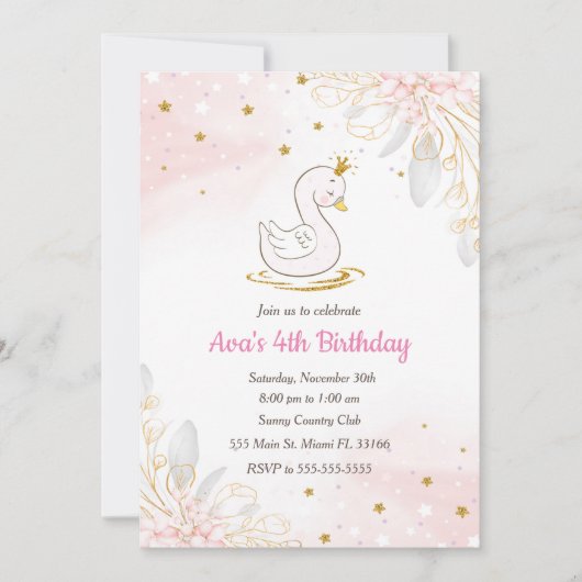 プリンセススワン誕生日招待状 ピンクゴールド 招待状 (正面)