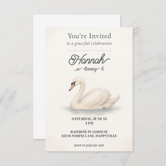 プリンセススワン誕生日招待状for Girls 招待状 (正面/裏面)