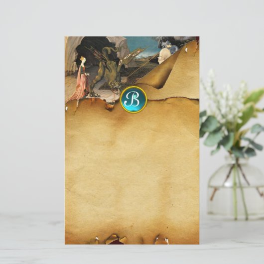 プリンセスセントジョージおよびドラゴン、羊皮紙のモノグラム 便箋 (スタンド正面)