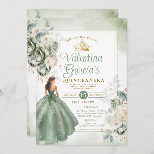 プリンセスセージグリーンクインセアニラ15アノス金ゴールドクラウン 招待状 (正面/裏面)