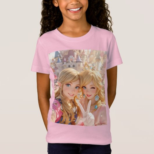 プリンセスゼルダ&ピーチセルフィー平和サイン Tシャツ (正面)