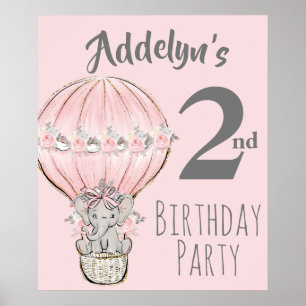 プリンセスゾウ風船ピンクグレー2回目の誕生日 ポスター