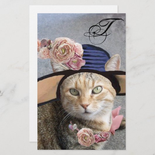 プリンセスタスエレガント/ネコ、ビッグ二枚帽子およびバラ 便箋 (正面/裏面)