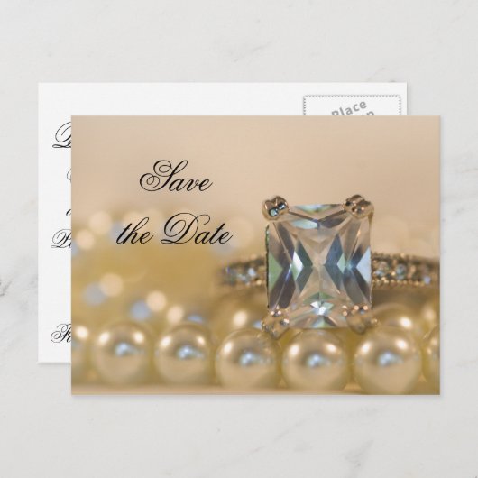 プリンセスダイヤモンドリングや輪真珠の結婚式日付を保存 案内ポストカード (正面/裏面)