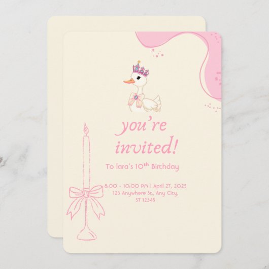 プリンセスダックキュートピンクバースデーパーティー招待状 招待状 (正面/裏面)