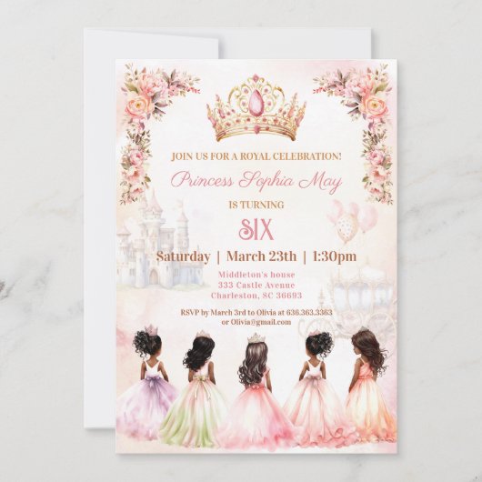 プリンセスダークスキンクラウンピンクフローラ誕生日 招待状 (正面)