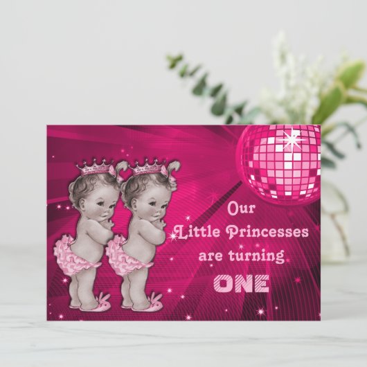 プリンセスツインズピンクディスコボール1歳誕生日 招待状 (スタンド正面)