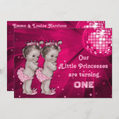 プリンセスツインズピンクディスコボール1歳誕生日 招待状 (正面/裏面)